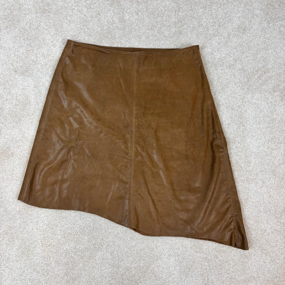 Zara Brown 100% Cow Leather Asymmetrical A-Line Skirt Size L Raw Hem